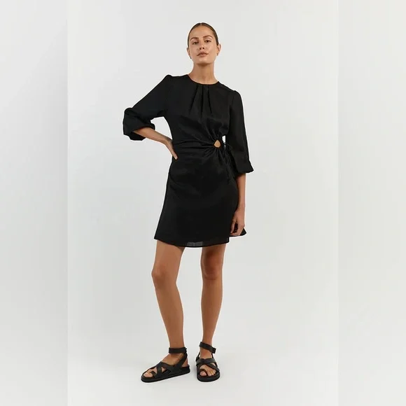 knee length dresses for ladies LOTUS BLACK LINEN MINI DRESS  DISSH